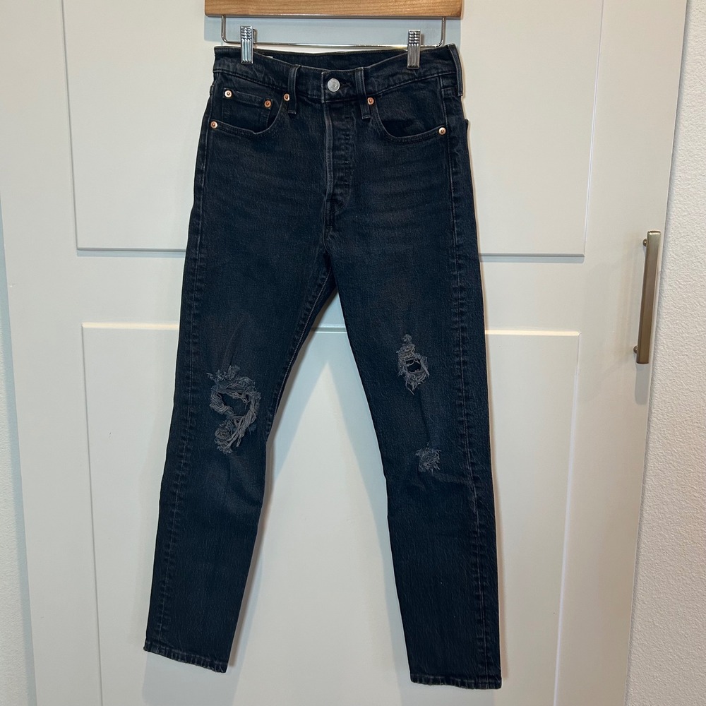 Levi Strauss 501 Premium Womens Black Distressed Button Fly Jeans‎ W25 L28